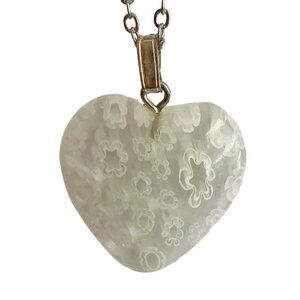 White Murano Glass Heart Necklace Millefiori Flowers Vintage Stainless Steel 18